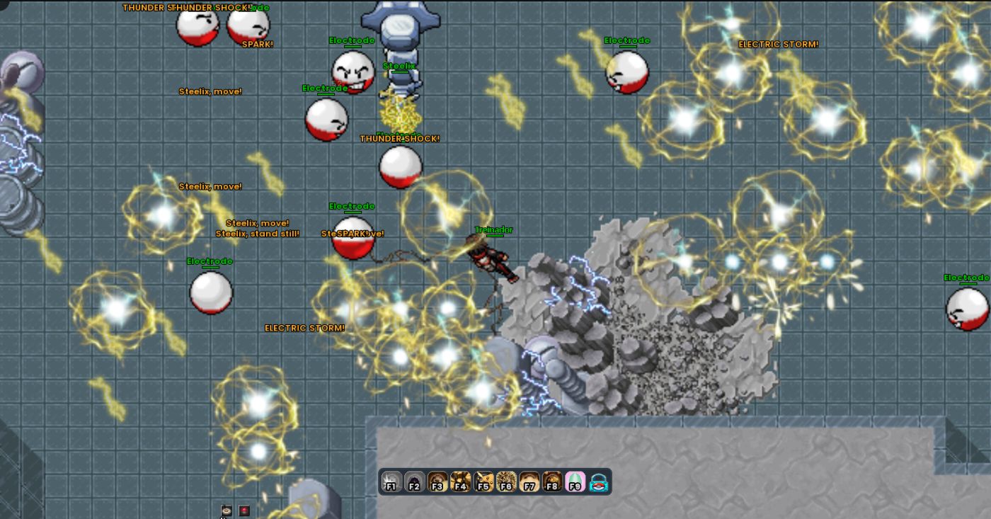 Caçada no PokeAlliance: o Steelix do treinador enfrentando vários Electrode numa usina, com golpes elétricos por toda a tela